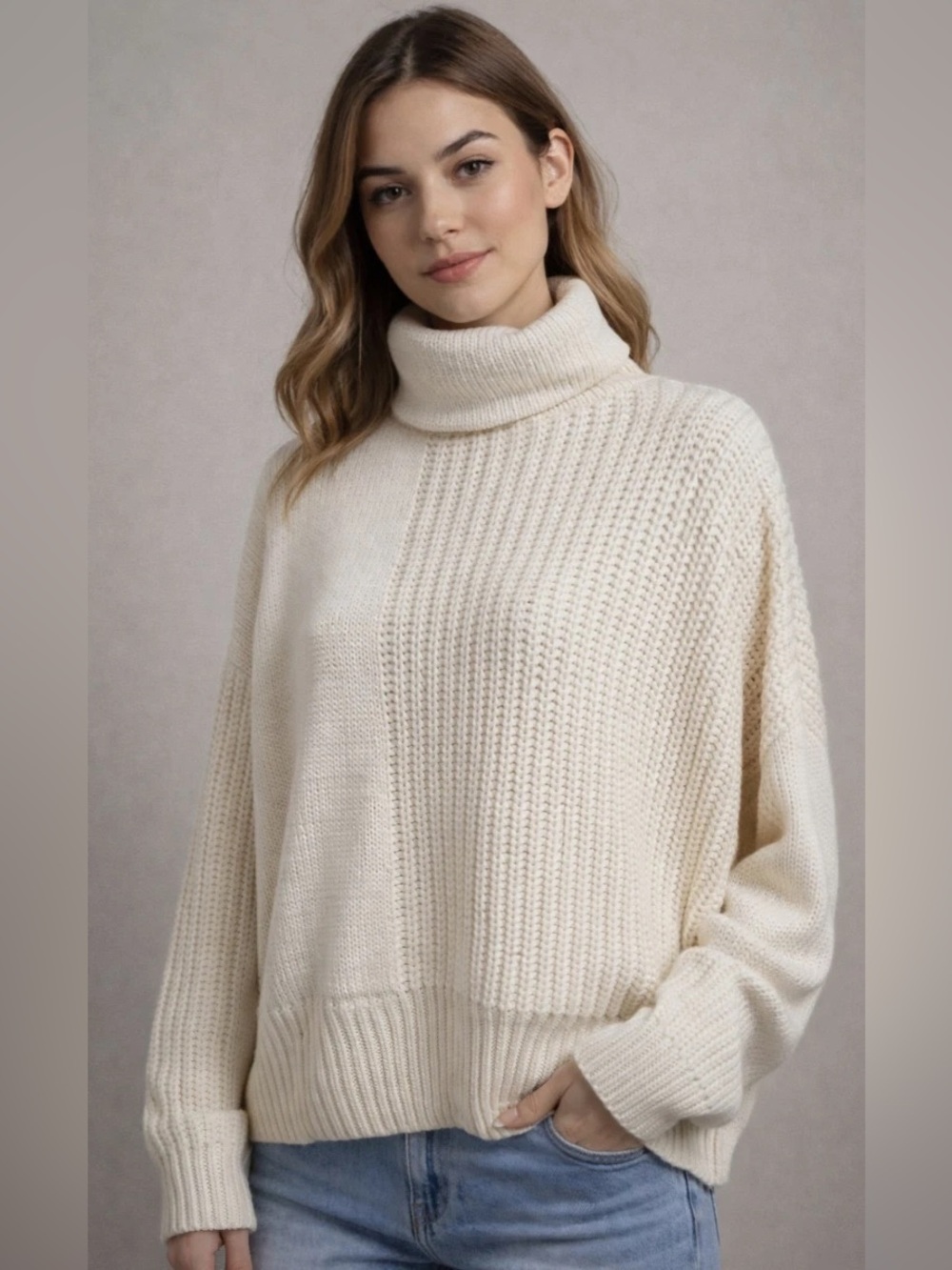 Topshop Cream Oversized Chunky Knit Turtleneck Sweater M